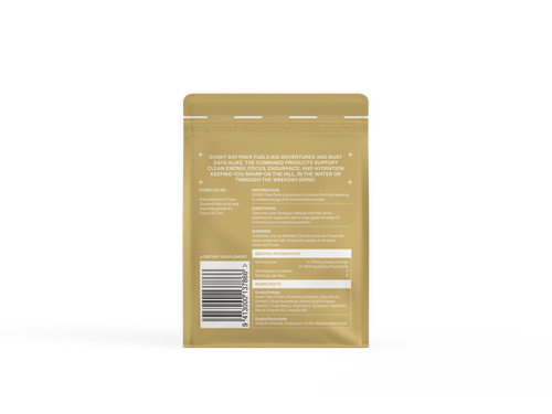 Back label showing ingredients and nutrition information for the Dusky Day Pack.