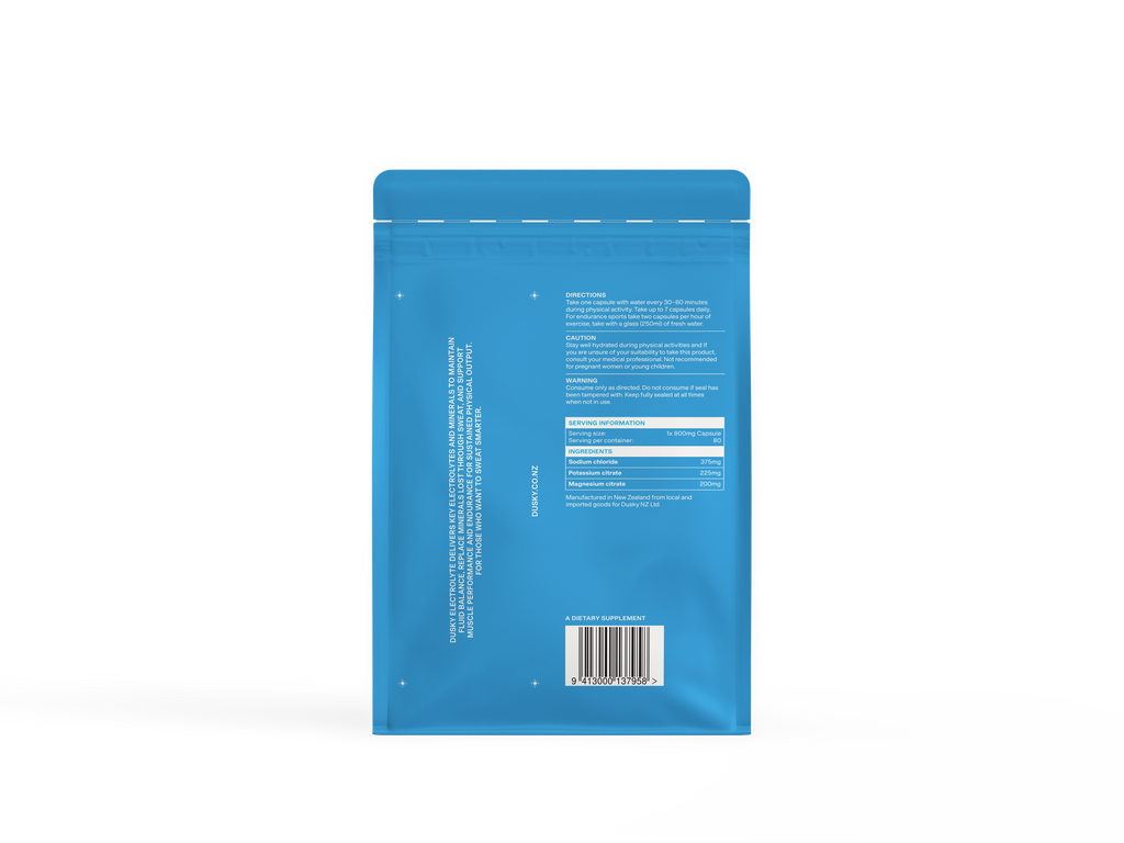 Back of Dusky Electrolyte Capsules showing ingredients, directions, and nutritonal information. 