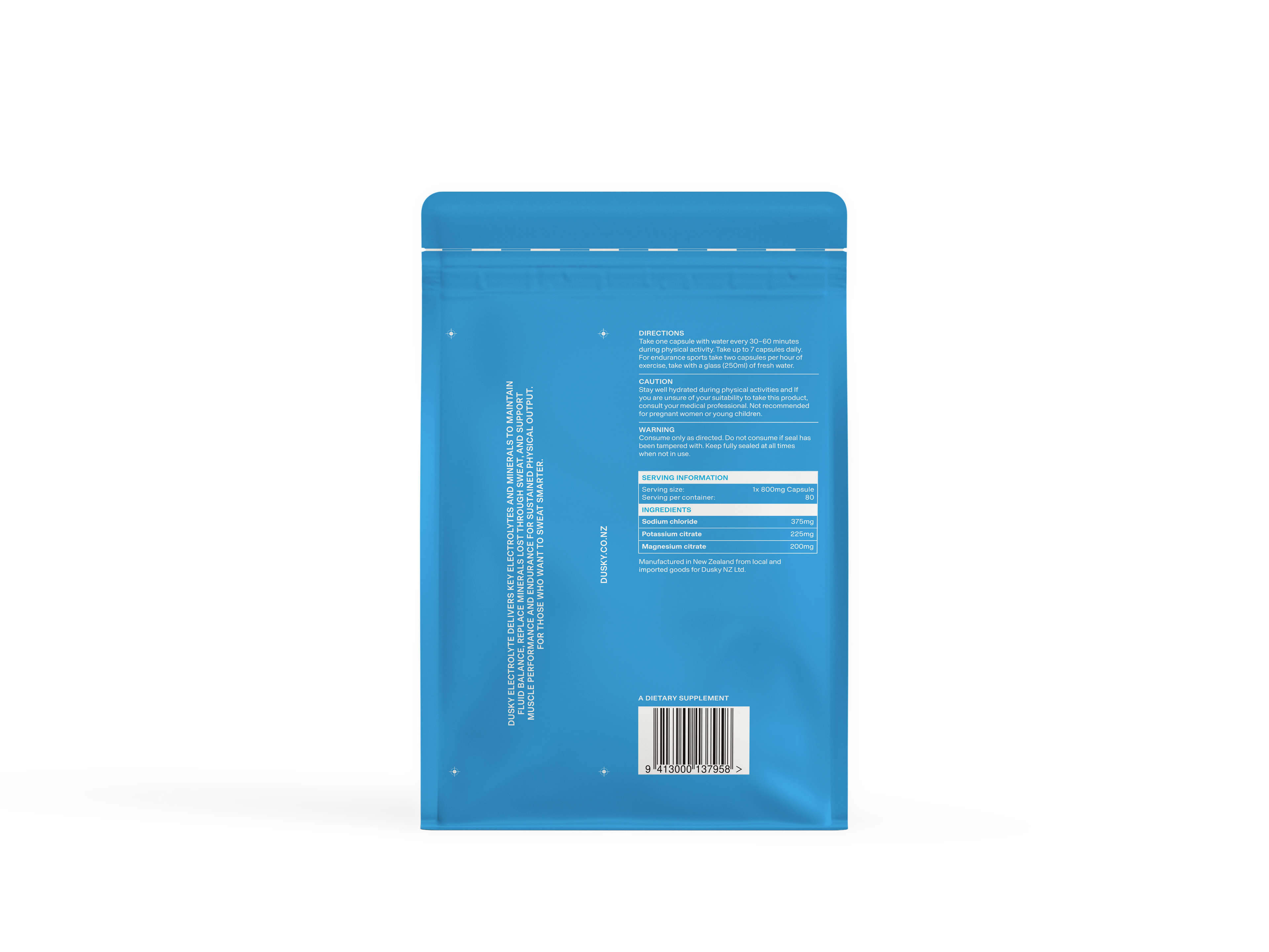 Back of Dusky Electrolyte Capsules showing ingredients, directions, and nutritonal information. 