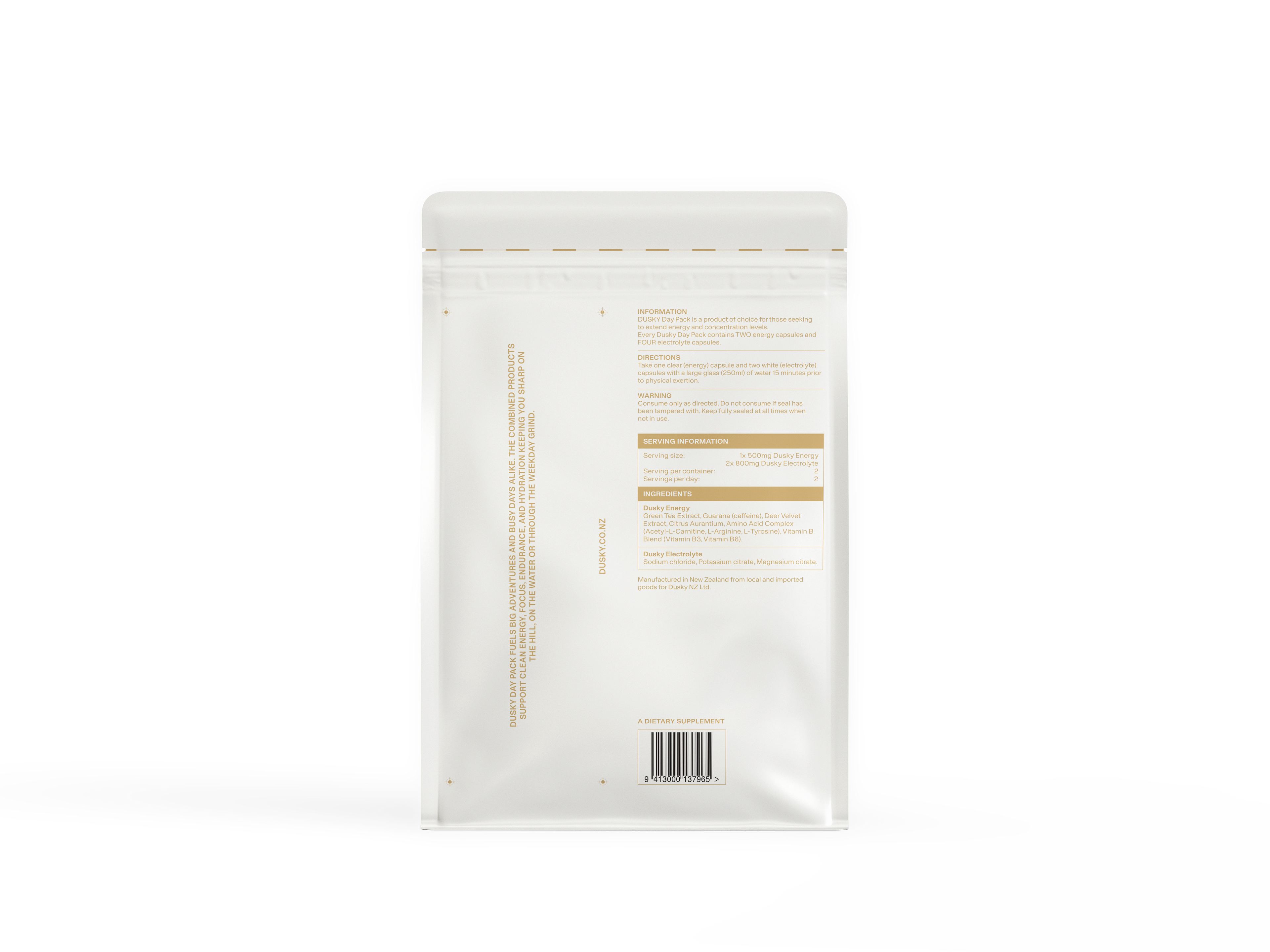 Reat label showing ingredients and nutritional information for the Dusky Multi-Day Pack.