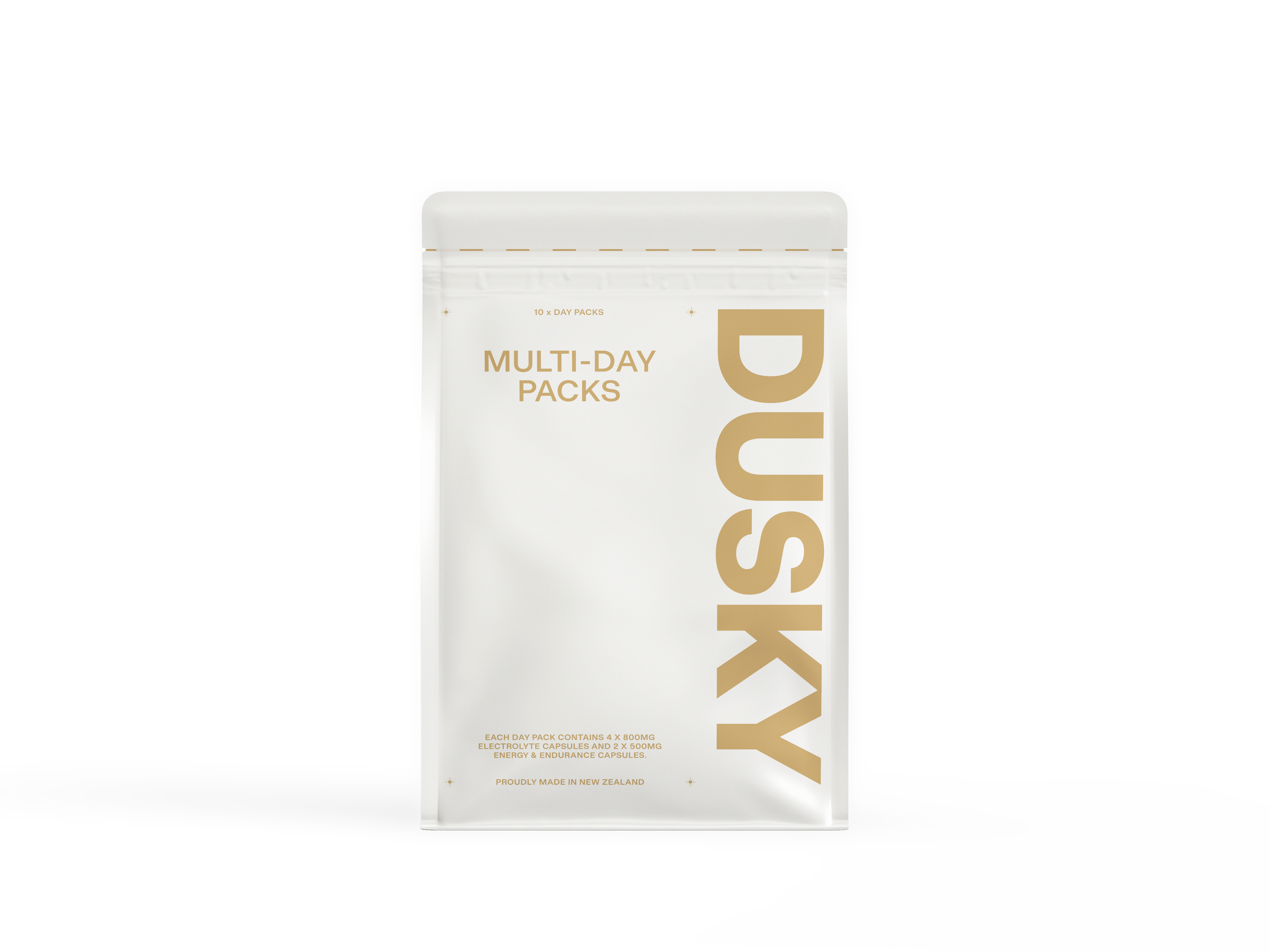 Dusky Multi-Day Pack containing 10 daily electrolyte and energy capsule packs for outdoor adventures. 